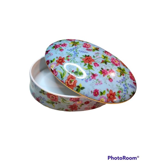 Formalities By Baum Bros Floral Blue Oval Two Piece Trinket Box w/ Lid - Picture 2 of 5